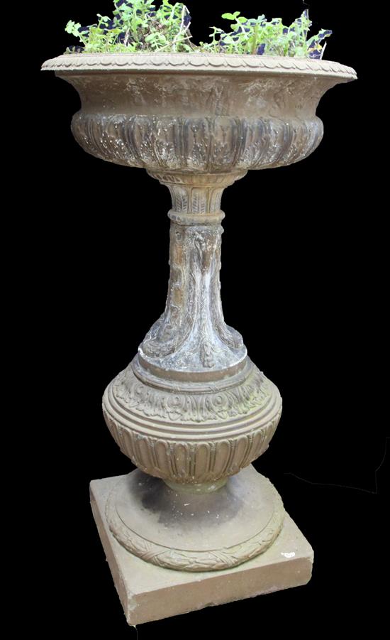 A Doulton Lambeth stoneware garden urn and pedestal, Diam. 2ft 1in. H.4ft